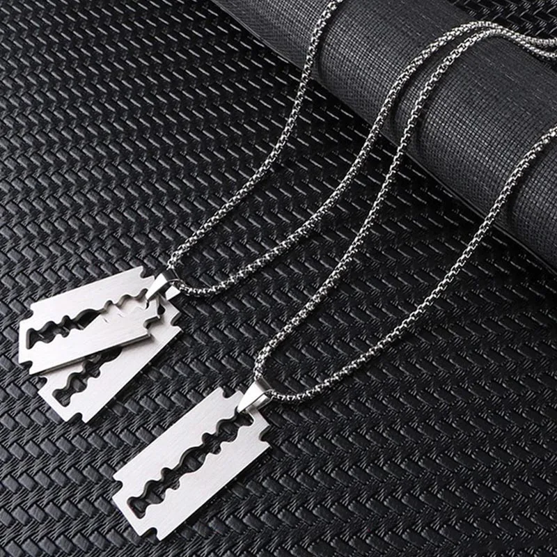 Gothic Blade Razor Pendant Necklaces Men Silver Color Stainless Steel Chain Necklace Punk Aesthetic Jewelry collier homme