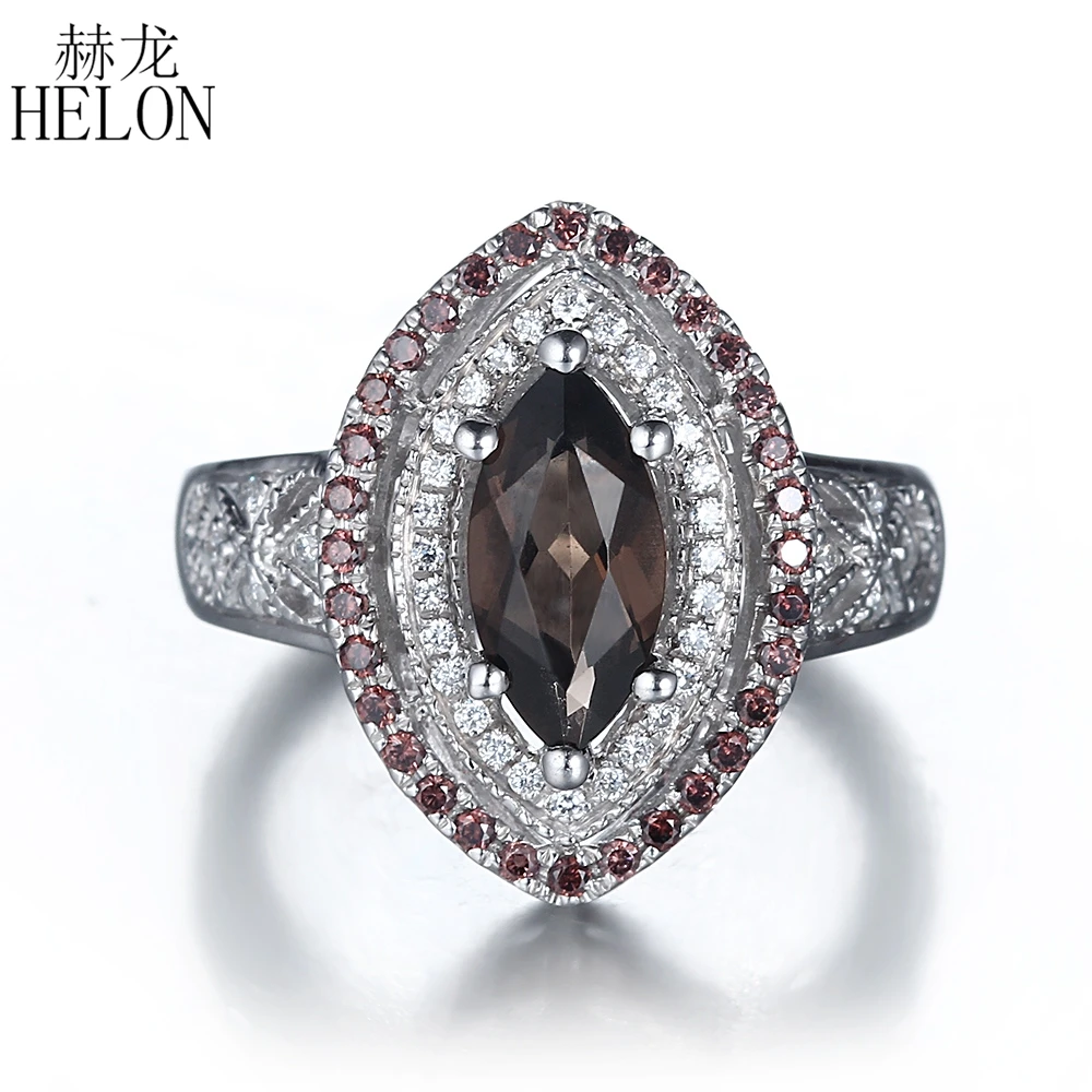 

HELON Solid 14K 10k White Gold Marquise 10x5mm Genuine Smokey Quartz & AAA Graded Cubic Zirconia Women Engagement Wedding Ring