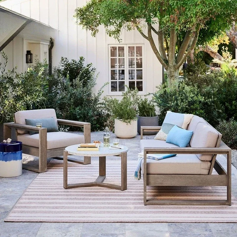 Outdoor villa courtyard sofa high-end solid wood furniture three-piece leisure hotel bed and breakfast balcony single
