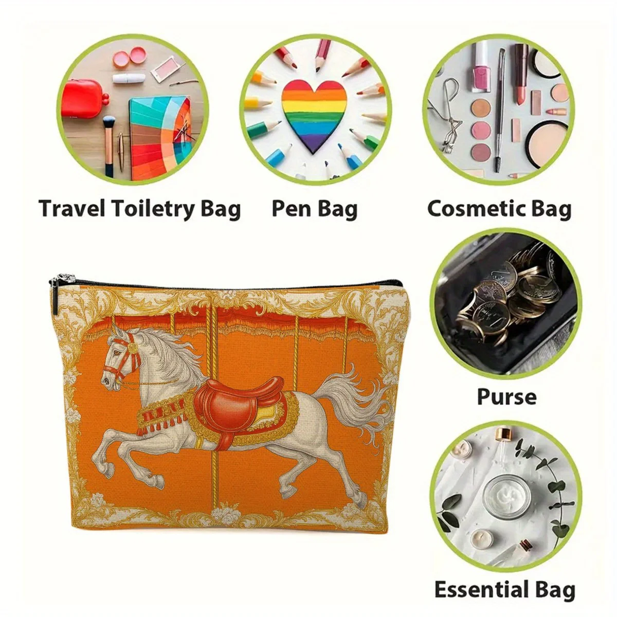 ゴージャスな木製馬の化粧バッグ - 女性用のかわいい多機能ジッパーポーチ、ジュエリー収納バッグ