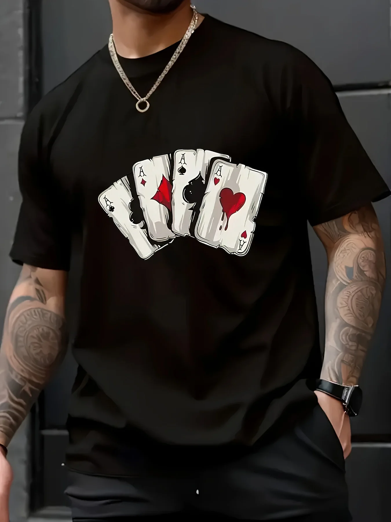 

Men'S Casual Cotton T-Shirt with Playing Card Print, Crew Neck, Short Sleeve, Slight Stretch, Knit Fabric, for Hiking & Outdoor