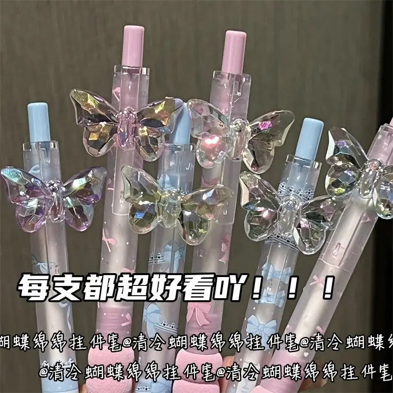 

4 Pcs Glitter Crystal Butterfly Press Pen Gel Pens Soft Sponge Grip Smooth Writing Signature Pen Students Supplies Stationery