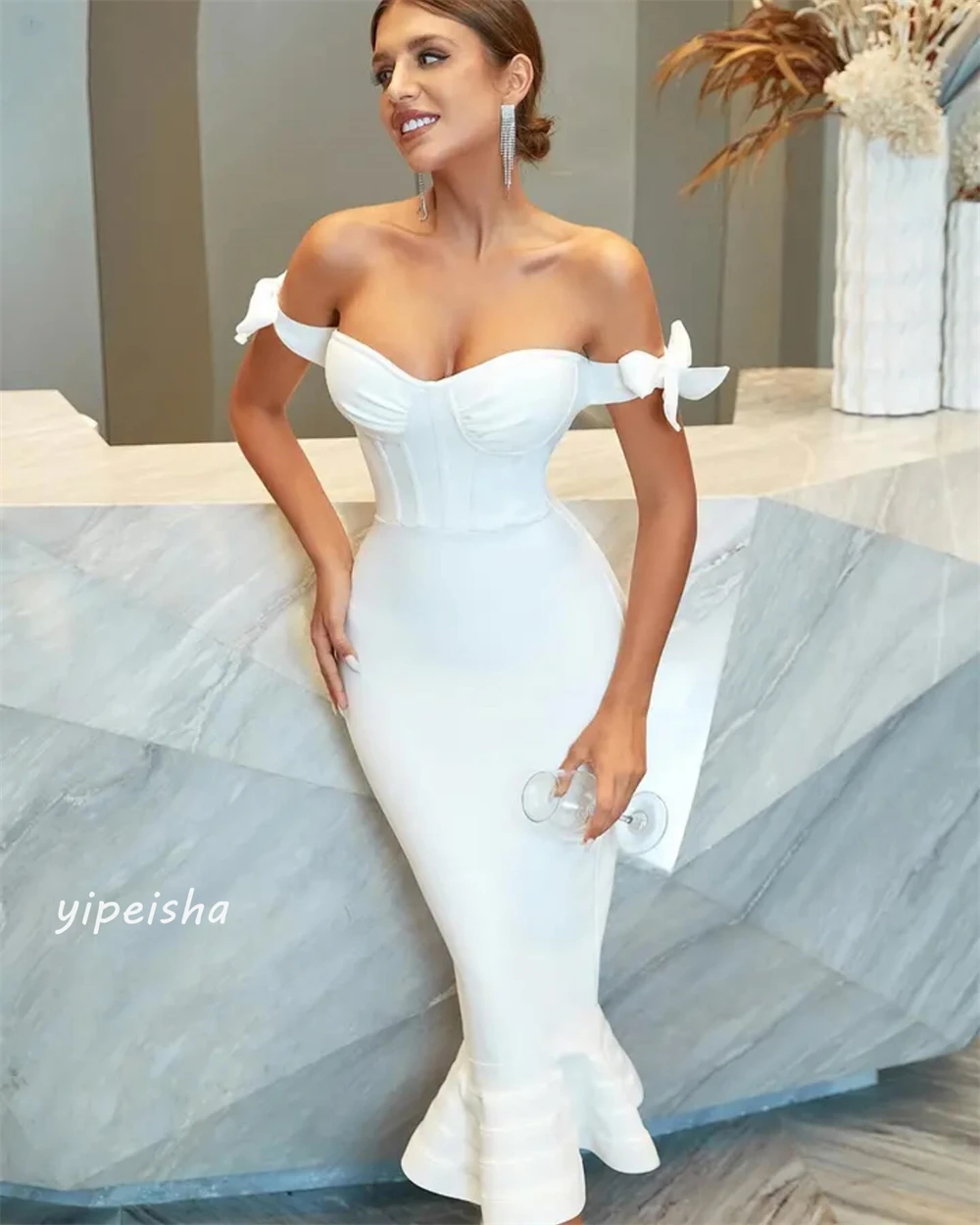 Jersey Draped Ruched Wedding Party Mermaid Off-the-shoulder Bespoke Occasion Gown Midi Dresses