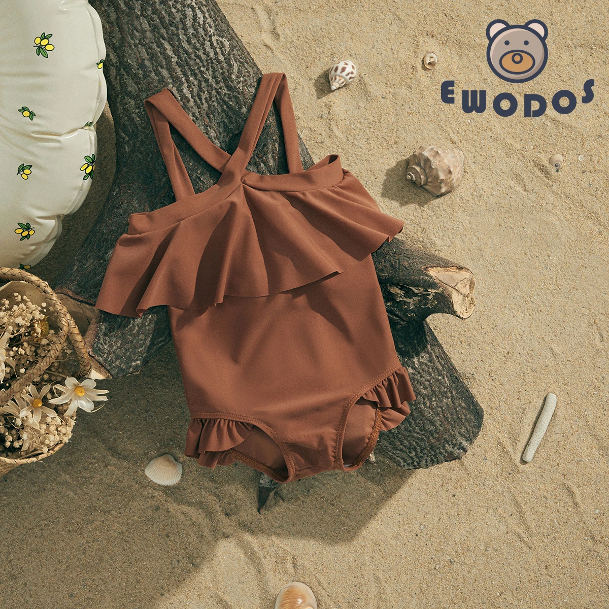 EWODOS Toddler Baby Kids Girls Ruffles Swimsuit Lovely Solid Color Swimwear Sleeveless Babies Bodysuits Bathing Suit Beachwear