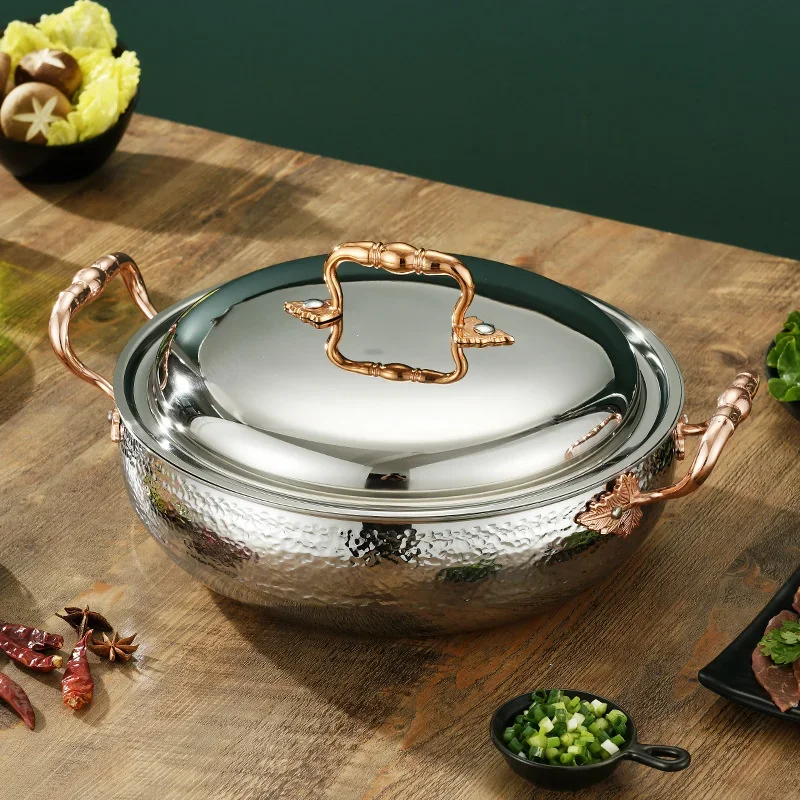 

Stainless Steel Fast Heating Pot: Triple-Layer Kitchen Cookware with Hammer Pattern, Exquisite Chinese Fondue,