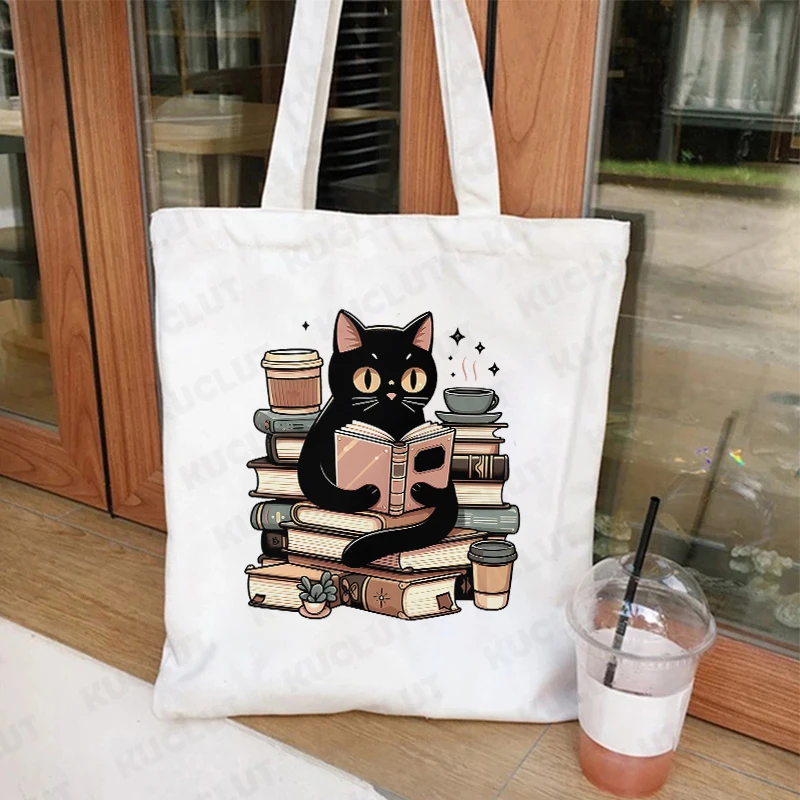 猫と本の恋人プリント ショッピングバッグ トート ハンドバッグ
