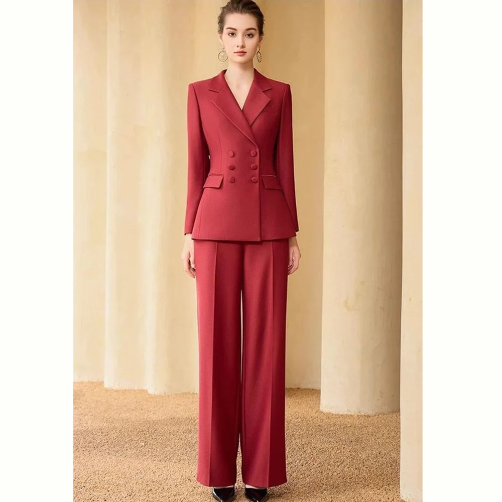 Elegant Red Navy Blue Women Suit Double Breasted 2 Piece Jacket Pants Blazer Set Slim Fit Formal Office Lady Female Clothing