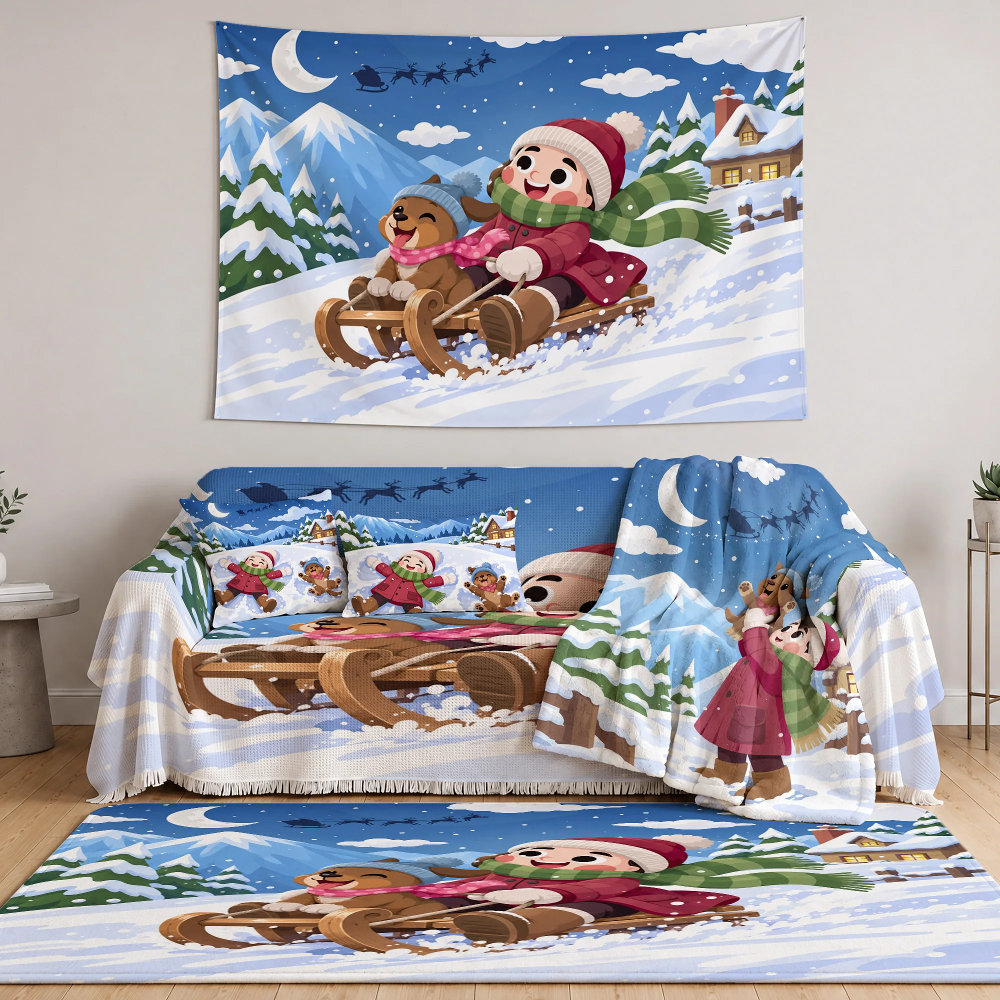 Cute Winter Sleigh Decor Pillow Cover Throw Blanket Sofa Runner and Area Rug Home Decor