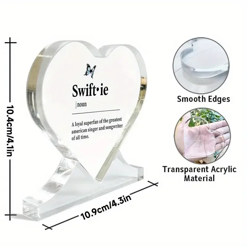 2D Flat, Swiftie Noun Acrylic Heart Desk Plaque - Contemporary Home Decor with Butterfly Design, High-Quality Acrylic Desktop P