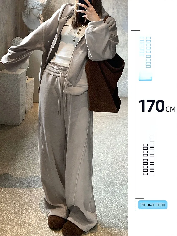 

Heavyweight Fleece Hoodie Set Women's Autumn Winter 175 Tall Extended Loose Feel Wide Leg Pants Two Piece Set Casual Sportswear