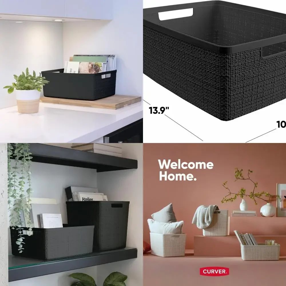 

Набор из 6 декоративных пластиковых корзин для организации и хранения из джута среднего размера, 12 л — идеальные контейнеры для домашнего офиса, полки для шкафа, комплект