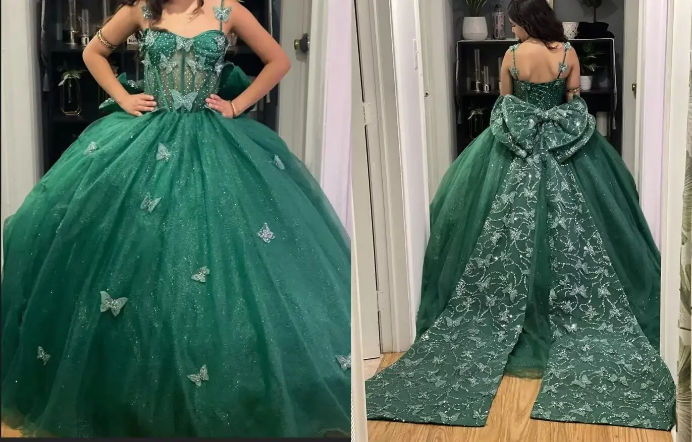 3D-Schmetterlings-Quinceanera-Kleid mit Schleife, Schleppe, Spaghettiträger, süße 15-16-Ballkleider, glitzerndes Vestido de 15 Años