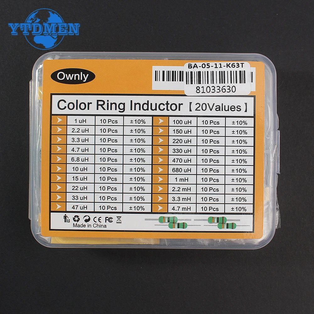 200pcs/box 1/2W Inductor Assortment Kit 0.5W Color Ring Inductance 1UH-4.7MH 20values*10pcs Inductors Set