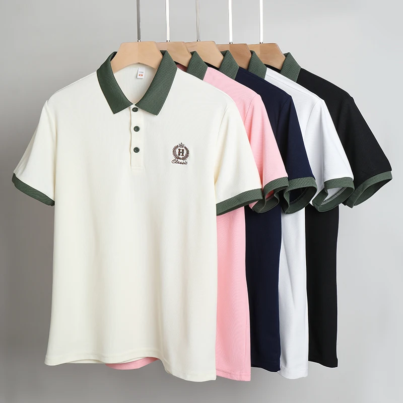 Polo de manga corta con solapa de alta calidad para hombre, camiseta informal de negocios, Tops de Color sólido, diseño bordado de alta gama, Verano