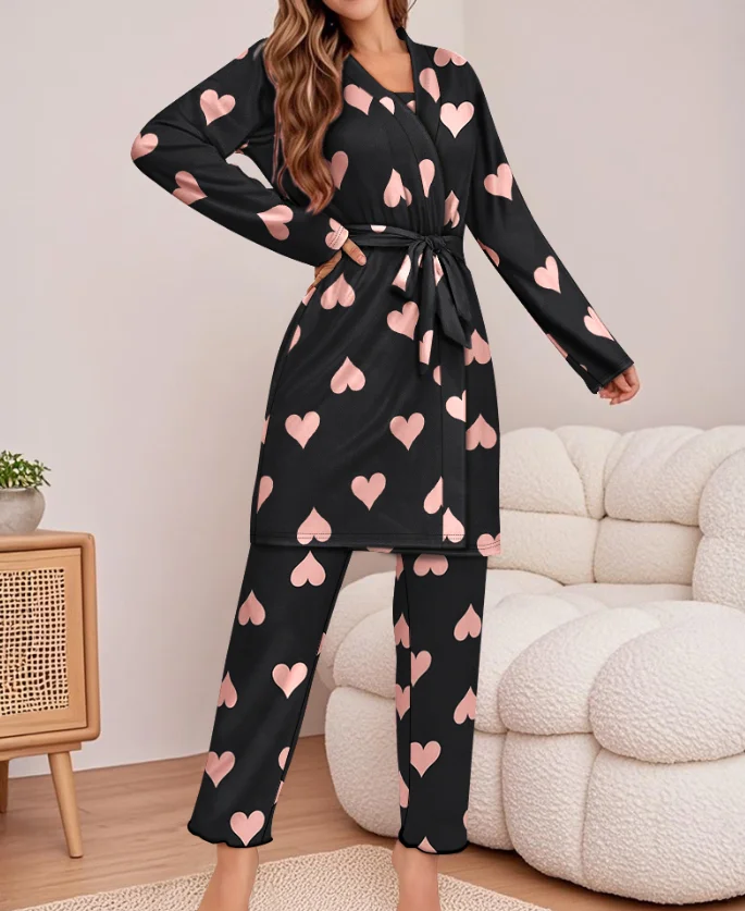 

Heart Print Spaghetti Strap Tank and Ombre Cardigan and Casual Pajamas Set
