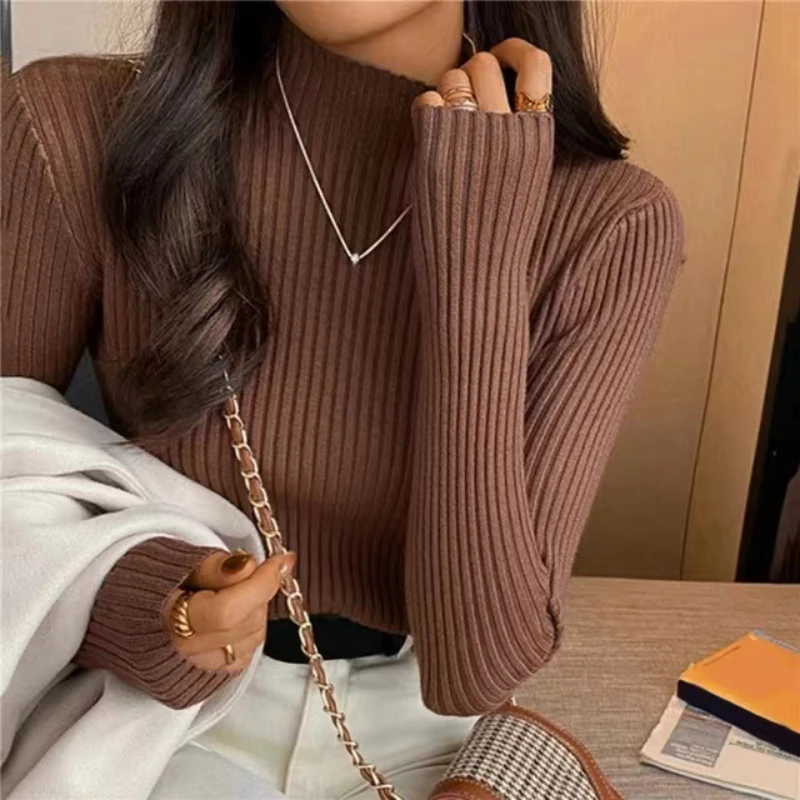 Turtleneck Sweater Women Long Sleeve, Casual Slim Pullover Korean Fashion Simple Chic Clothes Elegant Solid Basic Knitted Tops