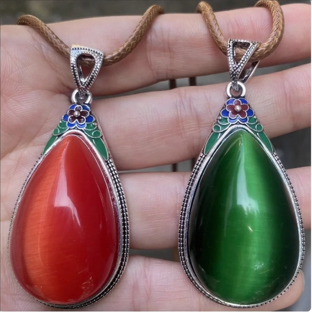 Crystal Cat's Eye Stone Water Drop Pendant Imperial Emerald Women's Pendant Simplicity