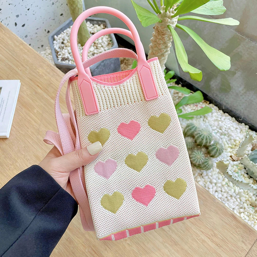 ISKYBOB Mini Shoulder Bag Phone Bag Girl Knitted Bag Coin Purse Pink Love Heart Small Square Bag Casual Handbag 2024 Girls Gift