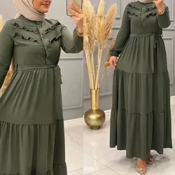 Turkey Islam Muslim Dress Caftan Solid with Belt Ruffle Abayas for Women Longue Kimono Femme Musulmane Women Abaya Dubai Kaftan