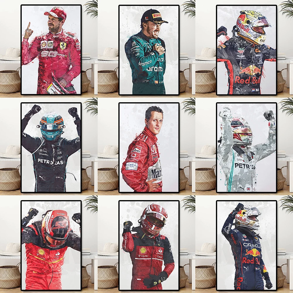 Formula Champion Verstappen Portrait Poster Legendary Racer Schumacher Watercolor Canvas Painting Racing Wall Art Room Decor