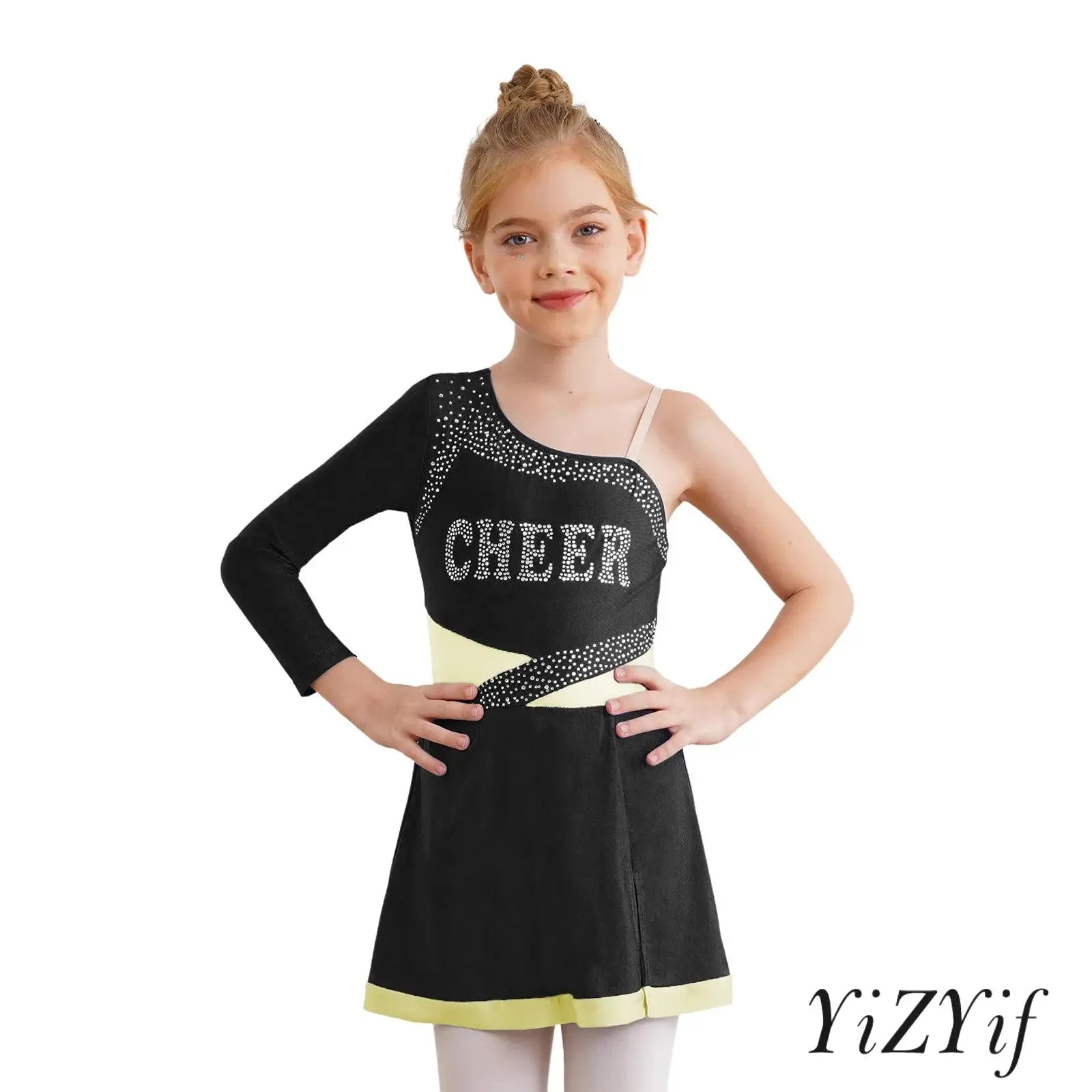 

Girls Radiant Cheer Uniform Set with One Shoulder Design And Rhinestone Dress with Shorts for Cheerleading Dance Competitions