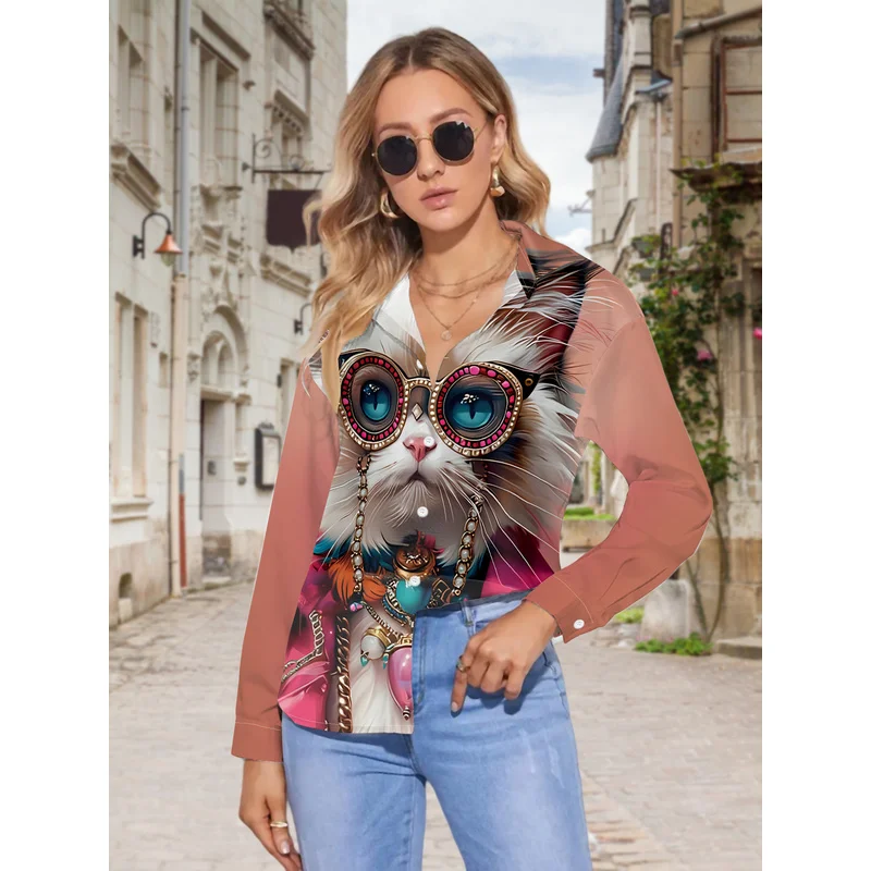 Women's Pink Cat-Themed Button- Shirt - Collar Blouse Top, Machine Washable Polyester Button-Print Blouse Button-Front view 2