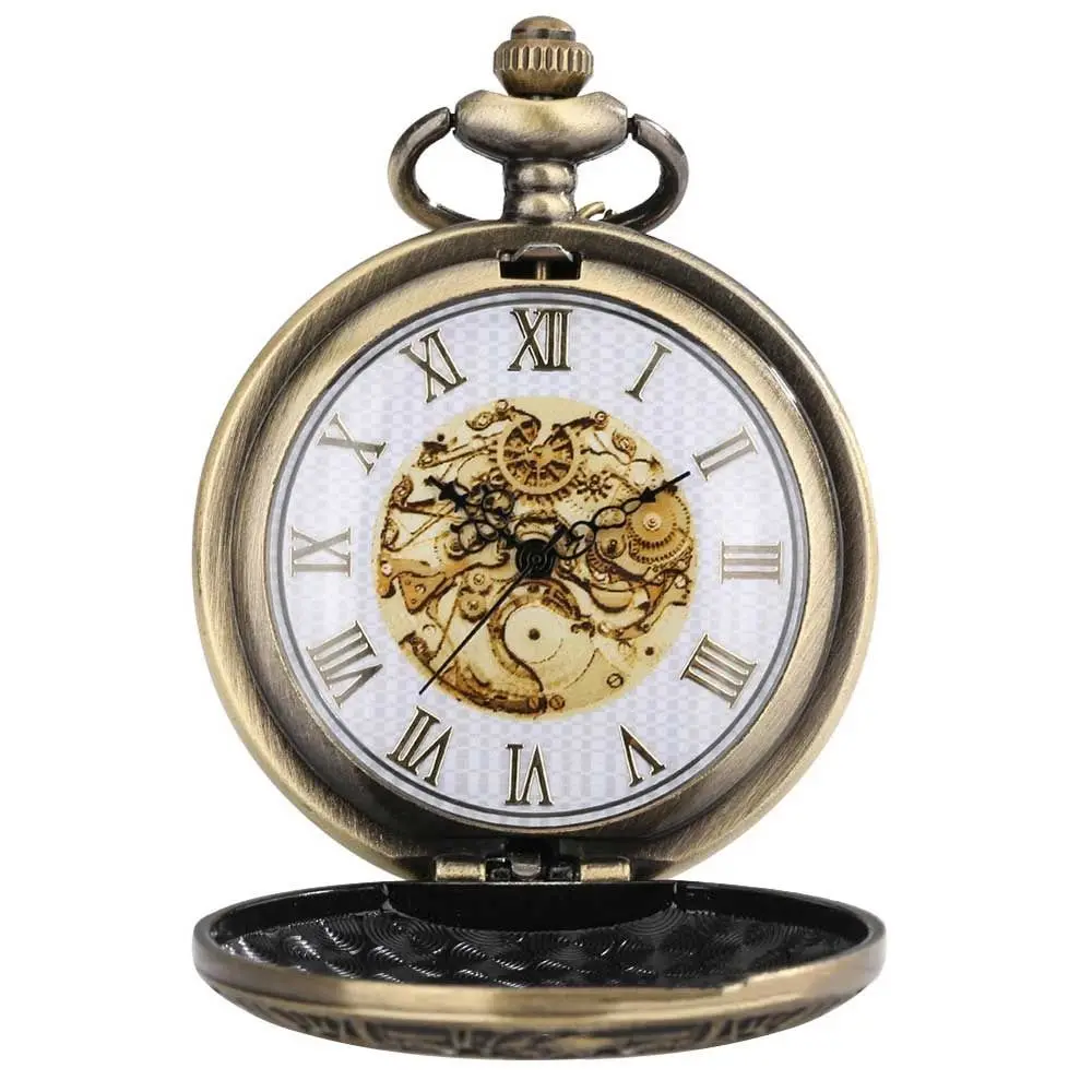 ขายร้อน Bronze ควอตซ์นาฬิกา Steampunk Roman Dial นาฬิกาพ็อกเก็ตนาฬิกา Vintage พร้อมสร้อยคอ Retro นาฬิกาผู้ชาย
