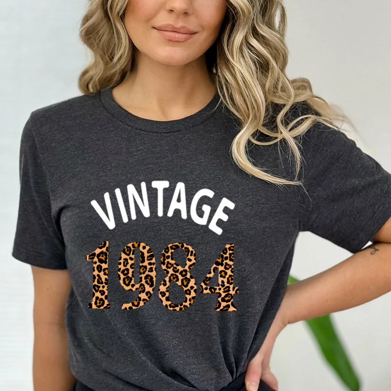 Women's T-Shirt Vintage 1984 Round Neck Tops Leopard Print Birthday Year Graphics T Shirt Funny Short Sleeve Streetwear Tshirt