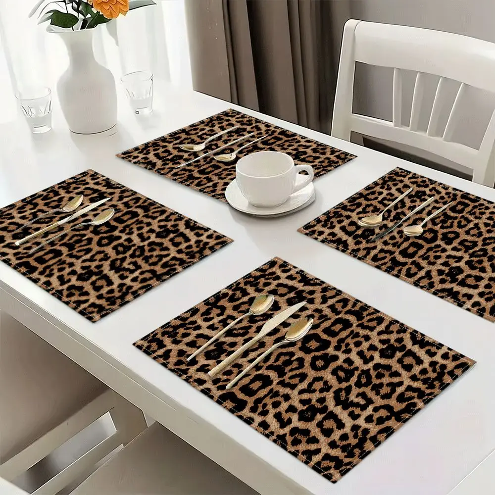 Brown Leopard Print Reusable Kitchen Dining Table Decorative Placemats 2D Printed Animal Pattern Suitable for Dining Tables