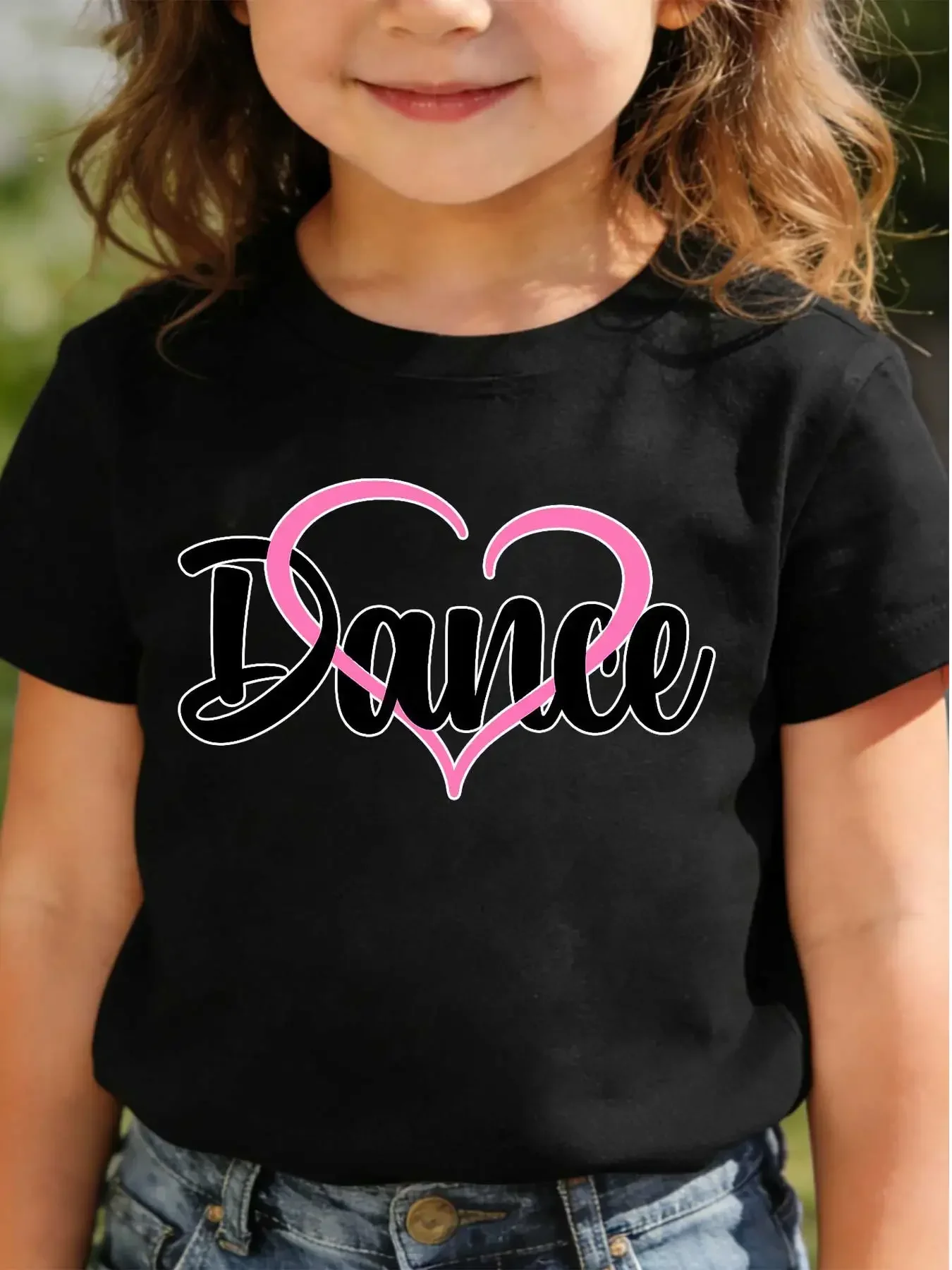 Unisex Kids' Pink Short-Sleeved T-Shirt Loose Breathable Dance Heart Hand Lettering Love Typography Kids' Tee