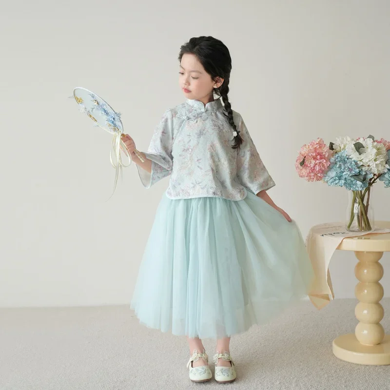 

Верхняя сетчатая юбка, комплект из двух предметов, лето 2024, новый китайский узел на пуговицах для девочек