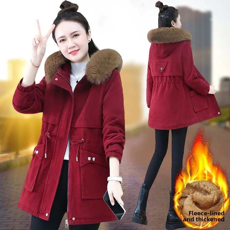 Pike Mid-Length Fleece-Lined Lamb Velvet Thickened Cotton Jacket Women's Loose Style Winter Coat Sty