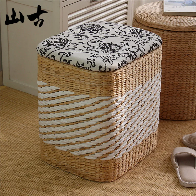 Multifunctional Home Shoe Bench Grass Woven Entryway Storage Stool Sitting Storage Box Wood Grain Pattern Organizer