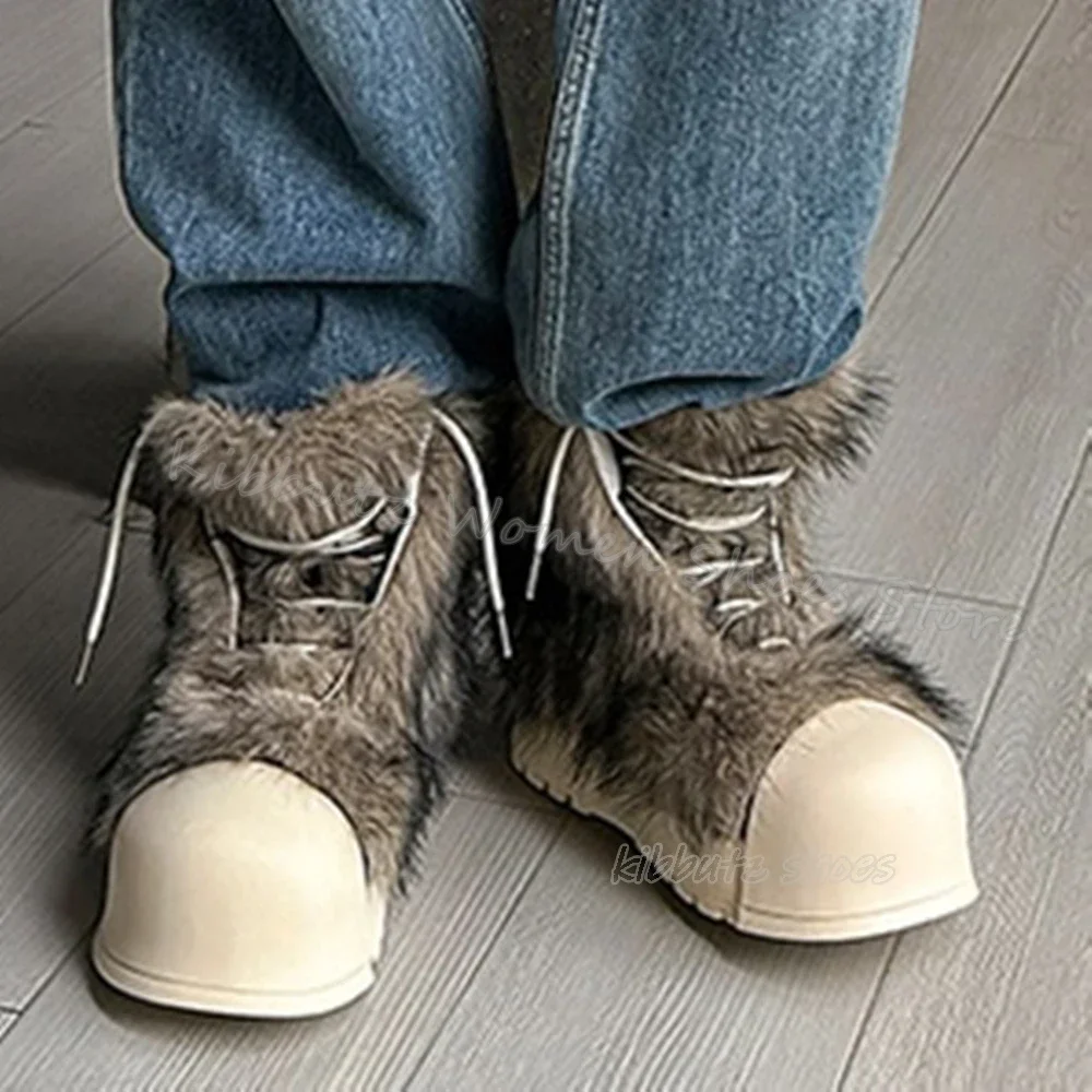Furry Warm Winter Ankle Boots Snow Platform Round Toe Height Increasing Lace-Up Women Shoes Newest Fashion Novelty Sexy Concise