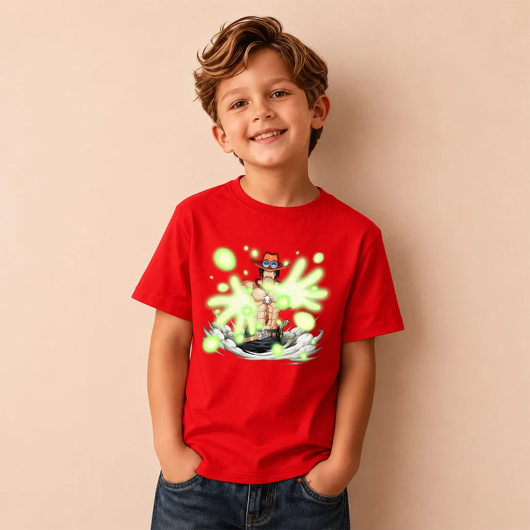 Kids T‑Shirt One Piece Portgas D Ace Glowing Effect Print Short Sleeve Casual Tops Boys Girls Anime Children Daily Wear Tees