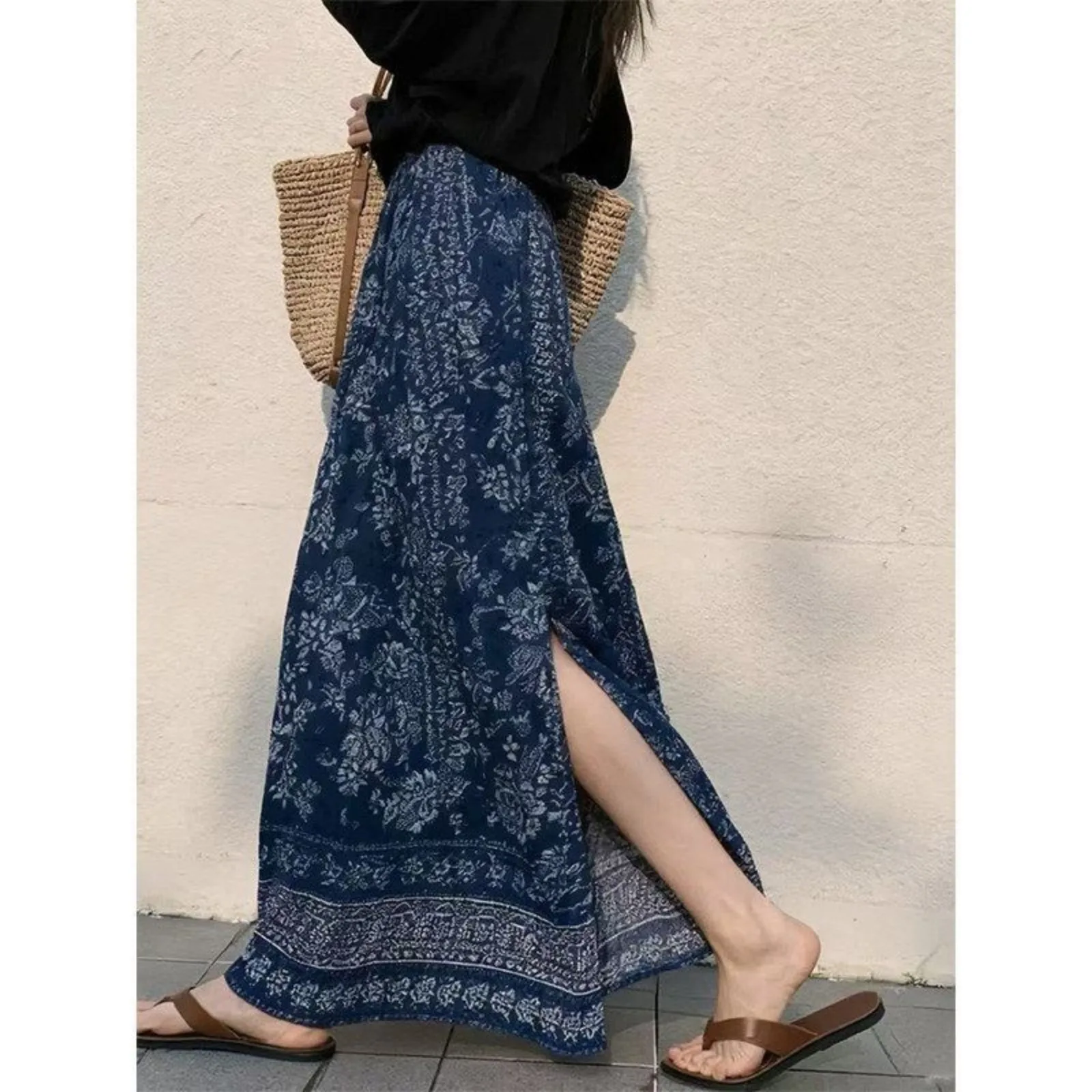 

Women's Summer Vintage Ethnic Blue Skirts Lady Split Prints High Waist Long Skirt 2026 New Beach Seaside Travel Clothing Female