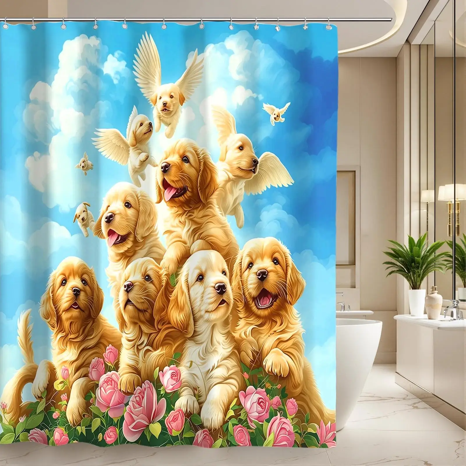 Cute Golden Retriever Puppy Family Shower Curtain Bathroom Decor Cartoon Dog Shower Curtain Waterproof