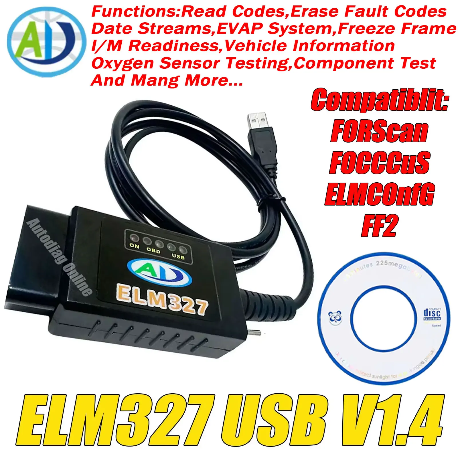 

ELM327 USB V1.4 FTDI FT232RL PIC18F2480 CAN-HS/MS for Ford Forscan OBD2 Scanner Code Reader Automotive ELM327 Diagnostic Tool