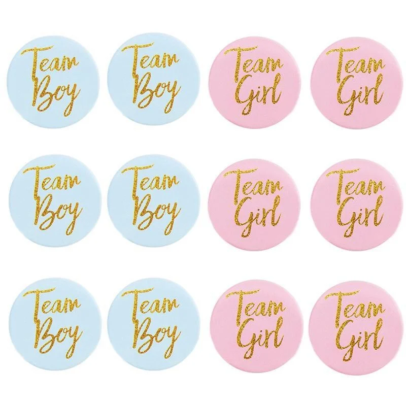 

6Pcs Team Boy Girls Badge Button Pins Tinplate Badges for Baby Shower DIY Party Decoration Gender Reveal Games Gift