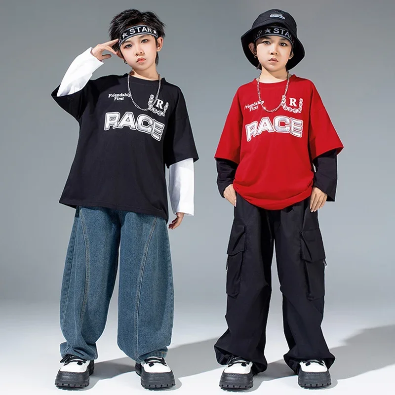 

Children Street Dance Costume Boys Hiop Hop Fashion Clothes Kid Red Black Jazz Dance Outfit Oversize Tops Pants Dancewear