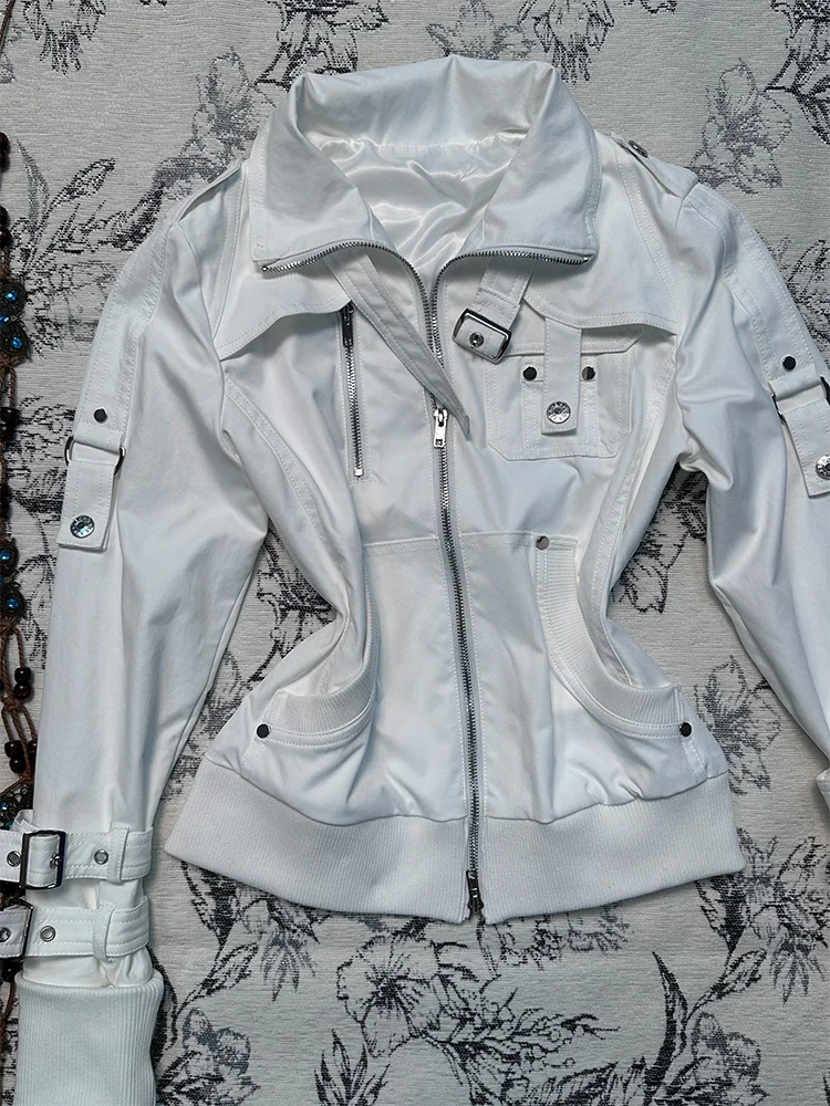 سترة دراجات نارية بيضاء أصلية بطراز Y2K من Aibi، ملابس خارجية للخريف المبكر، تصميم فريد وجميل للنساء، مزيج قطني مع سحاب وغطاء...