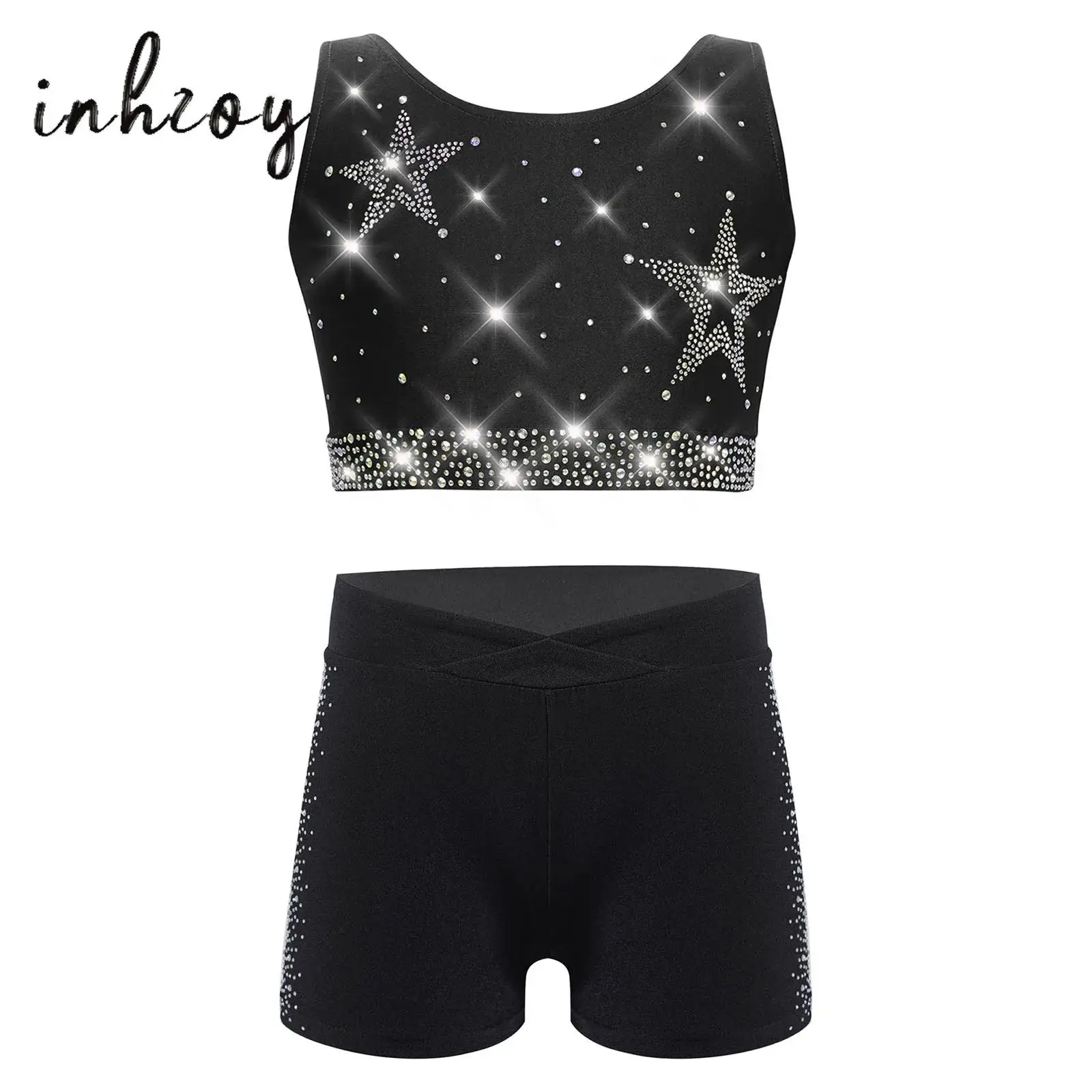Girls Gymnastics Latin Ballet Dance Outfit U Neck Crisscross Back Cropped Vest and Shorts Gym Yoga Workout Performance Dancewear