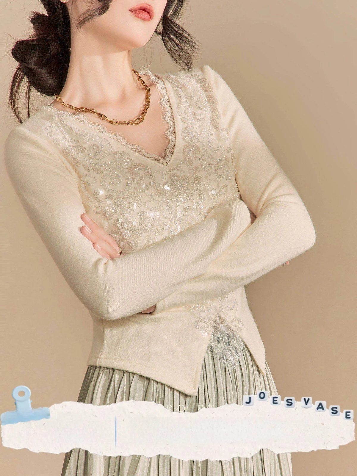 

Elegant Romantic V-neck Slimming Sequin Embroidery Knit Base Layer Long Sleeve T-shirt Design Sensation Jo And Flower Vase
