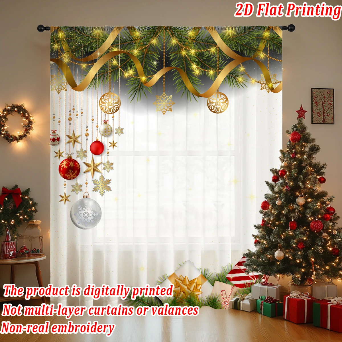 Christmas Flat Printing Sheer Curtain with Christmas Snowflak Ornament Star Gift Box for Living Room Bedroom Decor Holiday Party