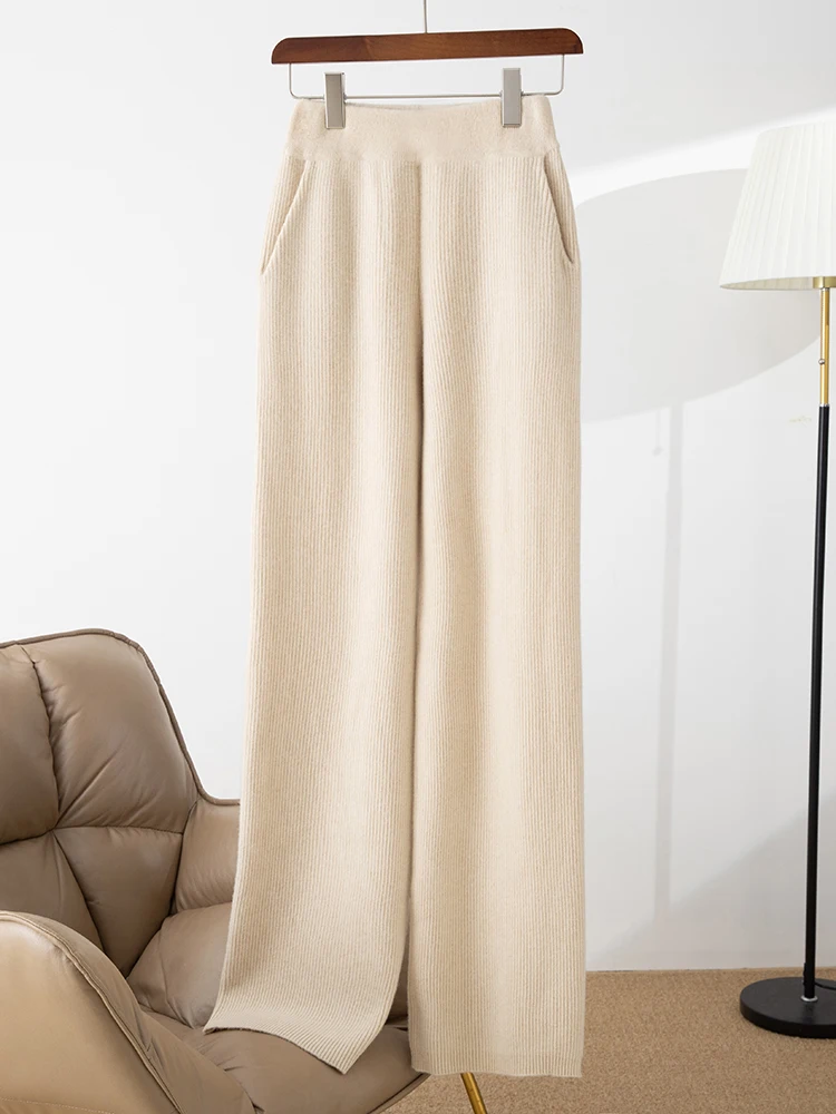 ANGEL, pantalones de pierna ancha para mujer, pantalones de Cachemira a rayas para otoño e invierno, estilo informal básico, 100% de punto de lana merina, pantalones suaves y cálidos