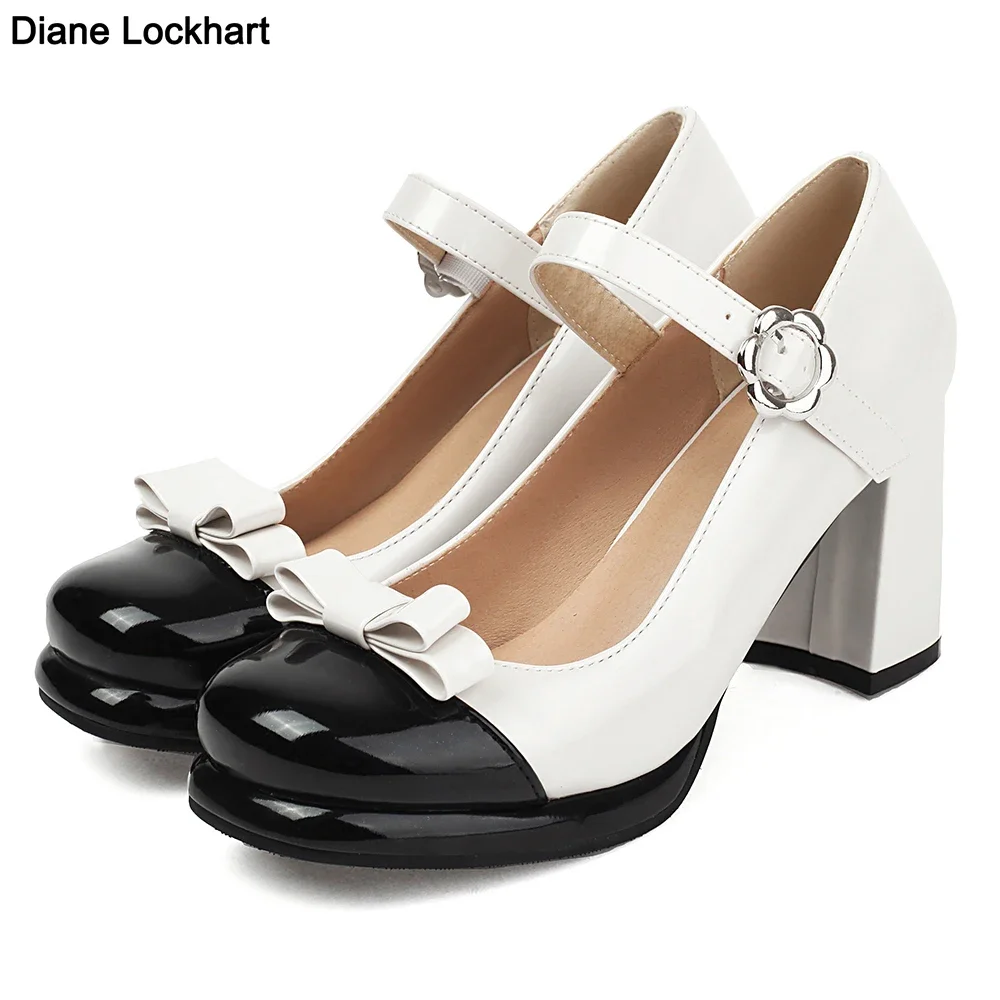 Woman\'s Block Heel Classic Lolita Shoes Cute Bow Tie Strap Buckle Vintage Mary Jane Shoe Patent Leather Platform Pumps Plus Size