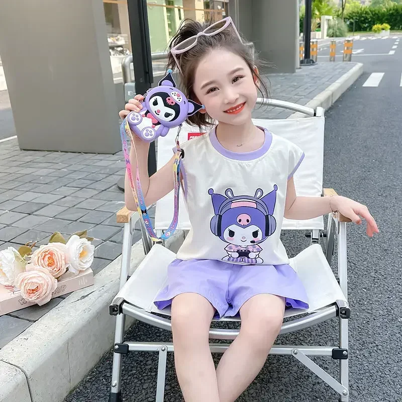 Sanurgente-T-shirt à manches courtes pour enfants, Hello Kitty, haut de dessin animé Kuromi, robe de sport, costume d'objectifs pour filles, bébé, sans manches, été