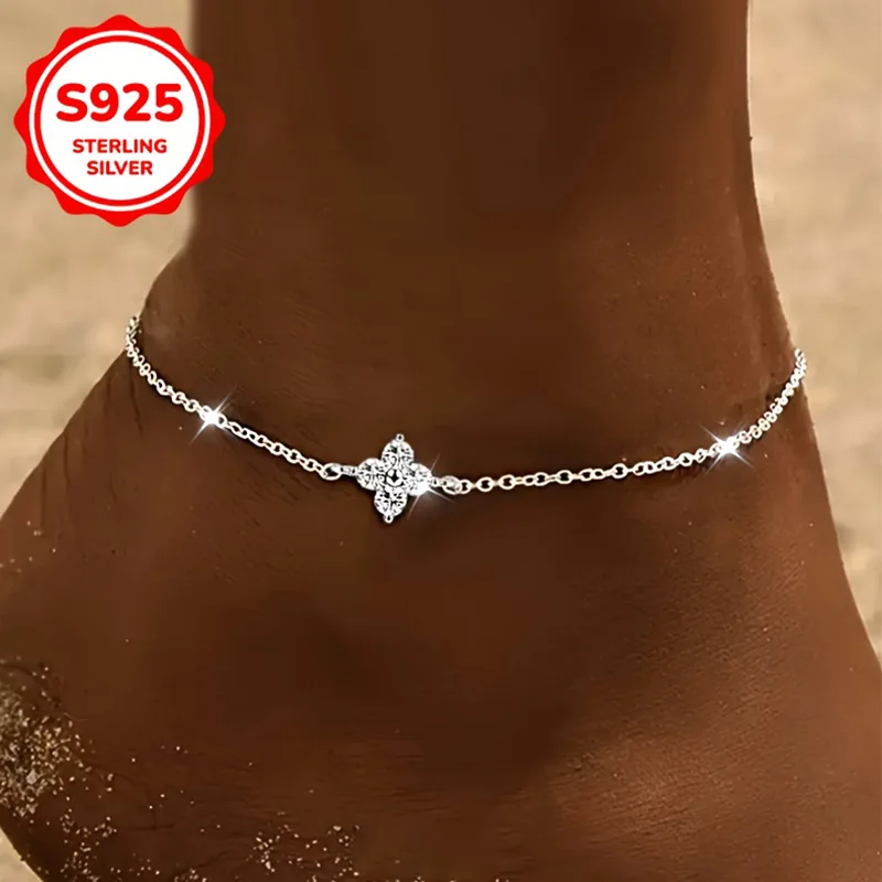 S925 Sterling Silver Hypoallergenic Clover Flower CZ Anklet Fashion Daily Wear Vacation Valentine Birthday Mother Day Gift