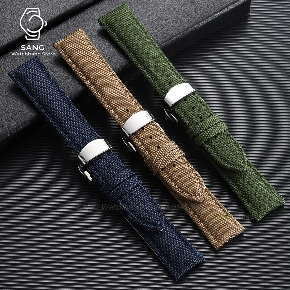 20/22mm Universal Watchbands Butterfly Clasp for Seiko for Omega for Omega Sailcloth Leather Strap Green Blue Black Red Bracelet view 2