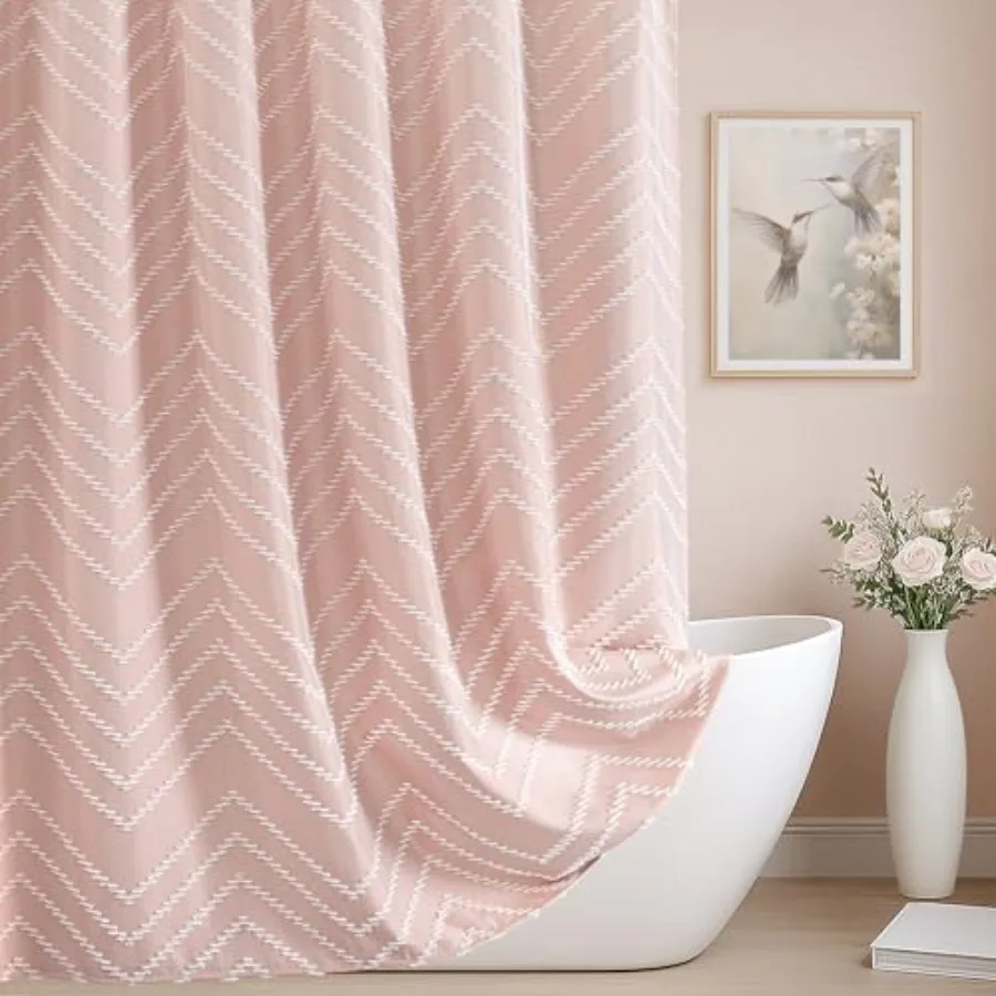 

Blush Pink Boho Shower Curtain Cute Shower Curtain Modern Farmhouse Textured Chevron Striped Minimalist Bathroom Shower Curtain